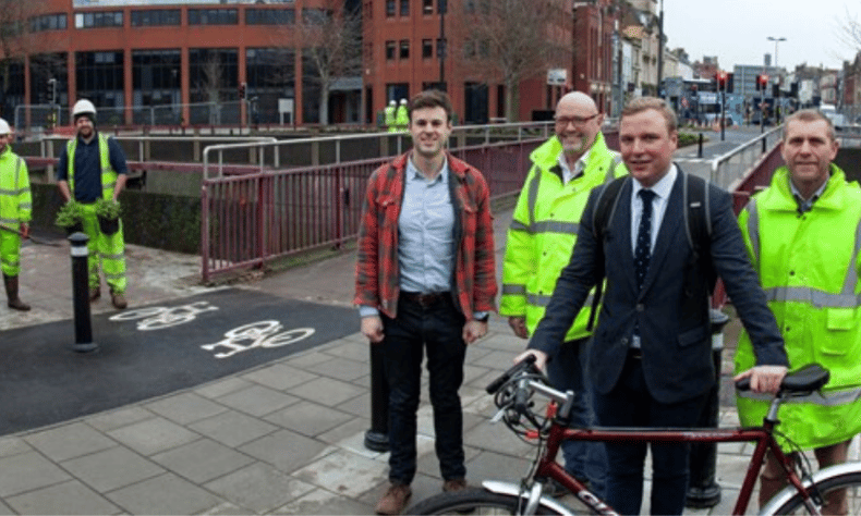 Councillor Kye Dudd and contractors launching old market cycling improvements Bristol