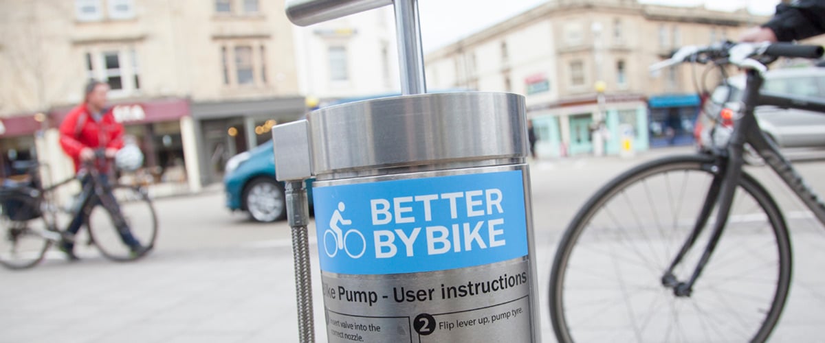 Close up photo of Better By Bike logo on public bike pumps installed in Bristol