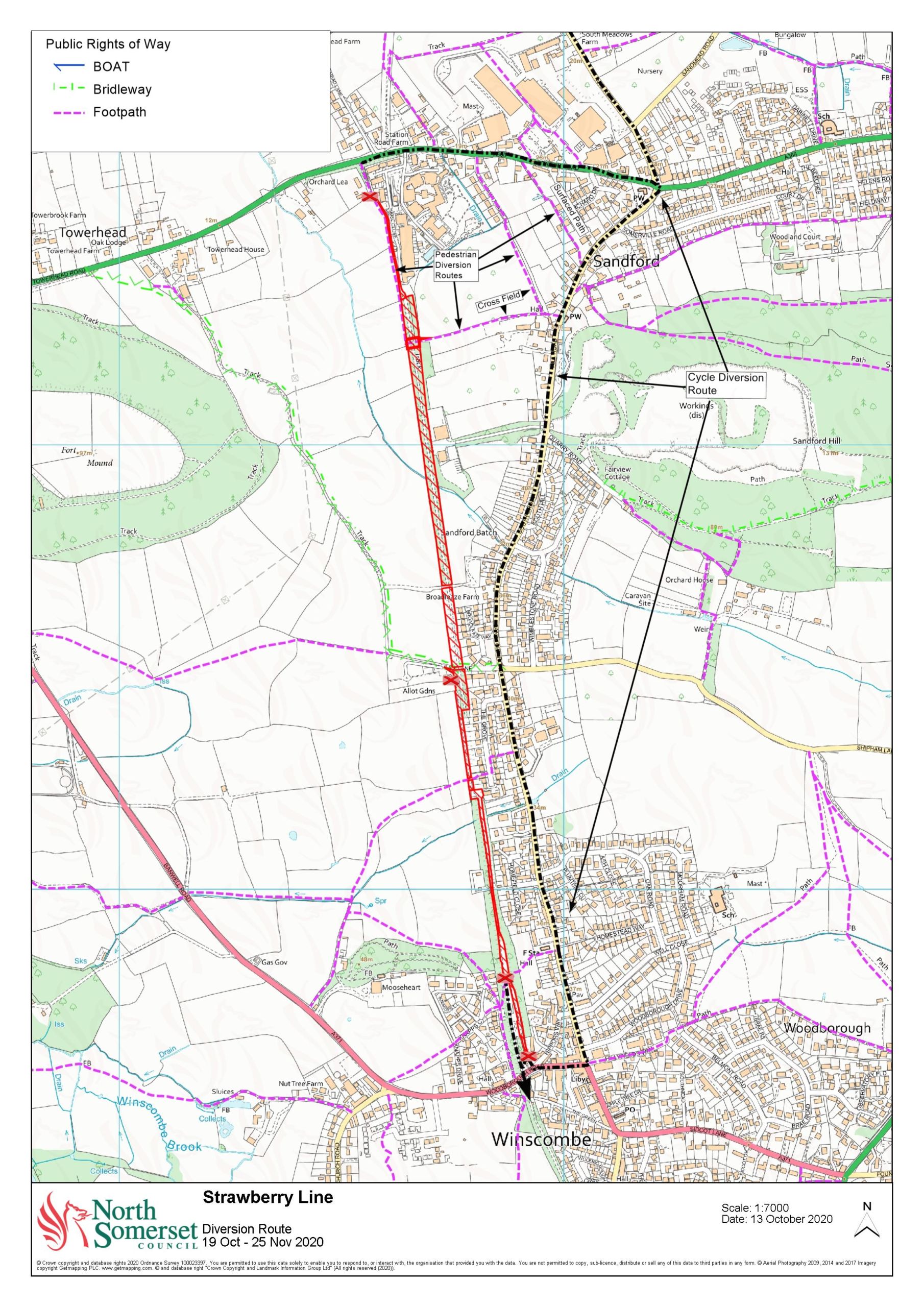 Map showing Strawberry Line walking and cycling closure for repairs works