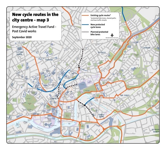 Map showing new cycle routes in Bristol City Centre as part of Emergency Active Travel Fund