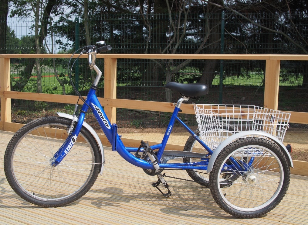 A blue adult size tricycle on a wooden platform