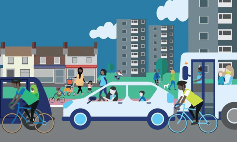 Illustration of people waking cycling and driving e vehicles