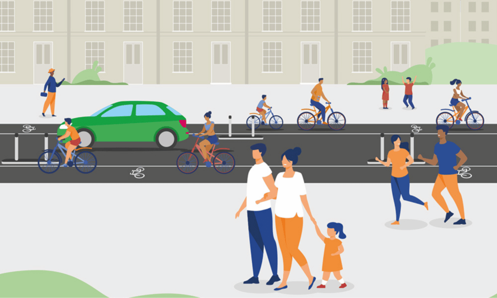Illustration of people walking and cycling