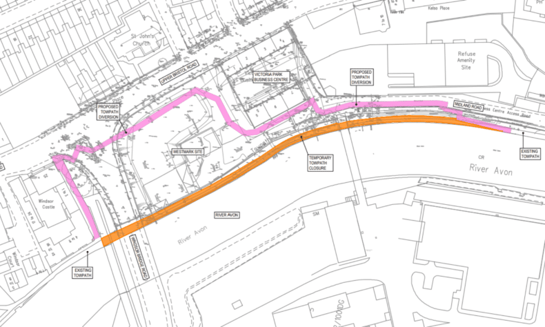 Map showing route diversion of closure of Bath towpath