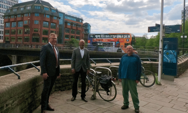 Doug Claringbold (First) Marvin Rees and Cllr Don Alexander at Bristol Bridge